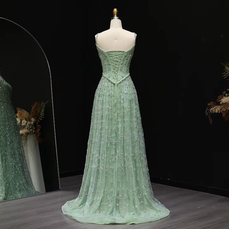 Gorgeous Green Tulle Beading Square Neck A-Line Long Prom Dresses Sweet 16 Evening Gowns ED02331