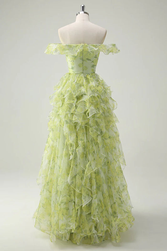 Princess-like Light Sage Green Square Neck Printed Chiffon A-Line Long Prom Dresses Birthday Evening Gowns ED02333
