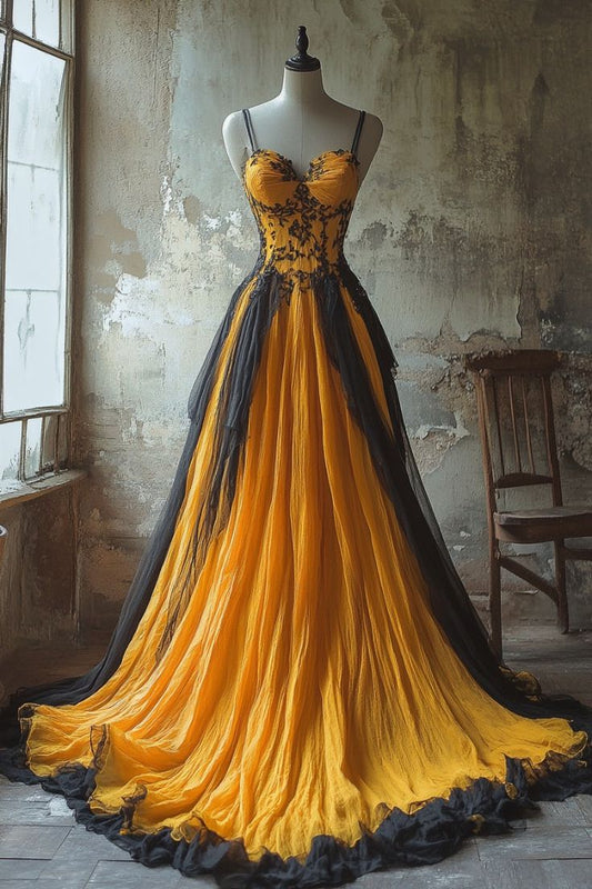 Gorgeous Yellow Spaghetti Straps Tulle A-Line Long Prom Dresses ED02334