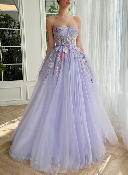 Fairytale Purple Strapless Applique Tulle A-Line Long Prom Dresses Formal Evening Gowns ED02336