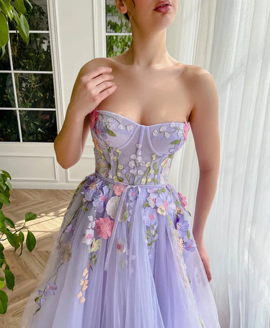 Fairytale Purple Strapless Applique Tulle A-Line Long Prom Dresses Formal Evening Gowns ED02336