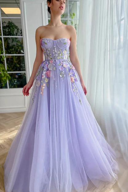 Fairytale Purple Strapless Applique Tulle A-Line Long Prom Dresses Formal Evening Gowns ED02336
