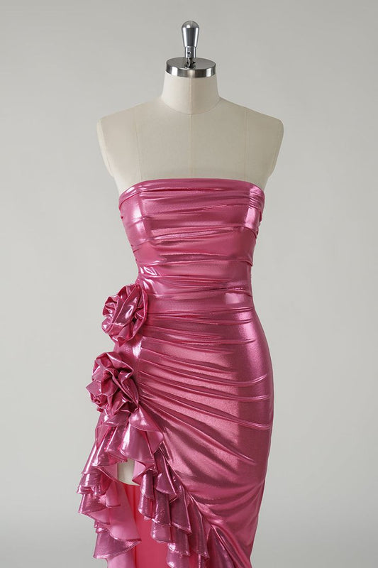 Fashion Hot Pink Strapless Satin Bodycon Ruffle Long Prom Dresses Formal Evening Gowns ED02337