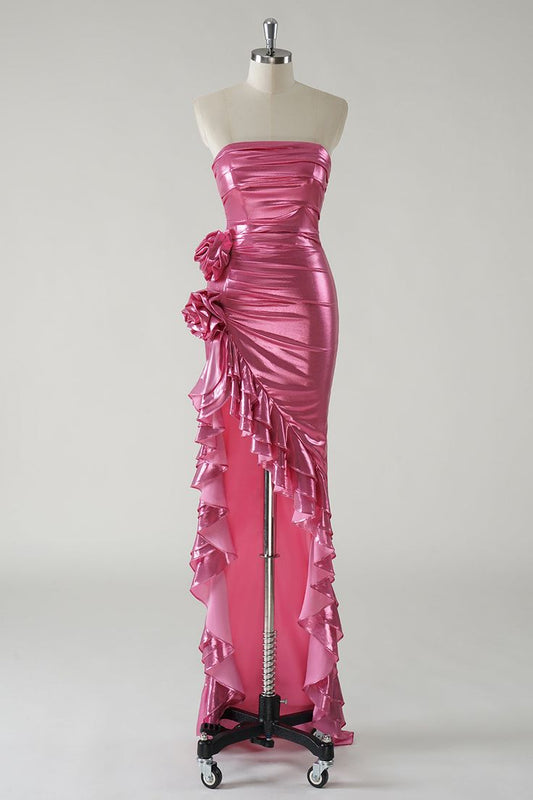 Fashion Hot Pink Strapless Satin Bodycon Ruffle Long Prom Dresses Formal Evening Gowns ED02337