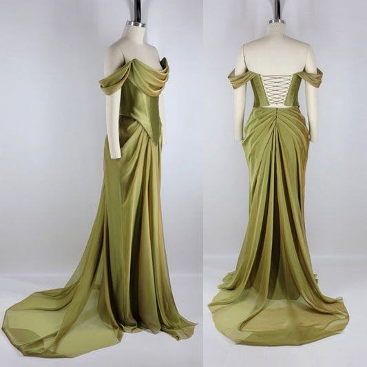Robe de bal longue en satin et mousseline de soie, épaules dénudées, style vintage, élégante, ED02338