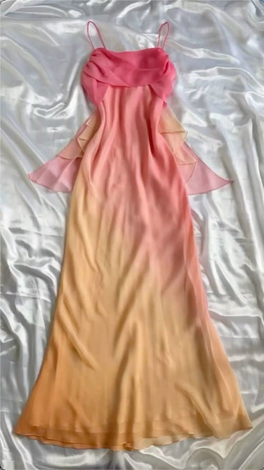  Gradient Pink  Sheath Spaghetti Straps Fairytale Chiffon Long Prom Dresses Vintage Party Dress