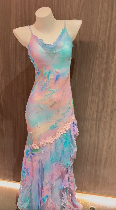Vintage Colorful Spaghetti Straps Chiffon Beaded Sheath Long Prom Dresses Stunning Evening Gowns
