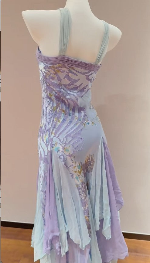 Exotic Vintage Purple Halter Chiffon A-Line Beaded Prom Dresses Unique Evening Gowns ED02344