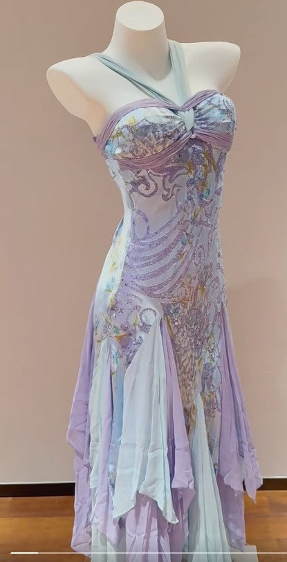 Exotic Vintage Purple Halter Chiffon A-Line Beaded Prom Dresses Unique Evening Gowns ED02344
