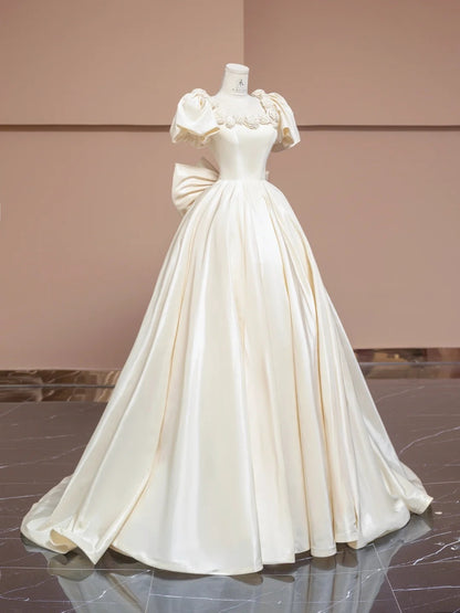 Charming Off-White A-Line Satin Square Neck Wedding Dress with 3D Flowers ED02348