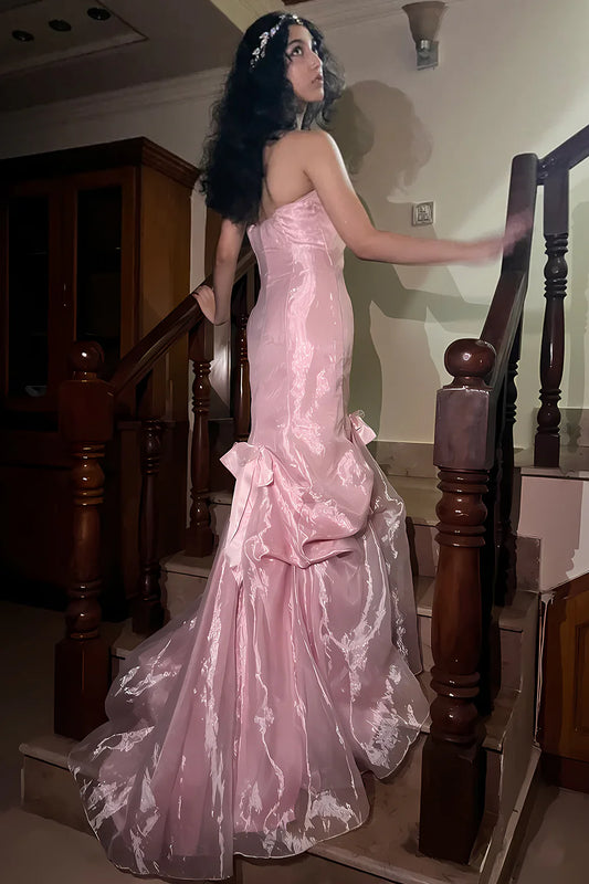 Robe de soirée longue sirène en tulle rose, élégante et bustier, ED02349