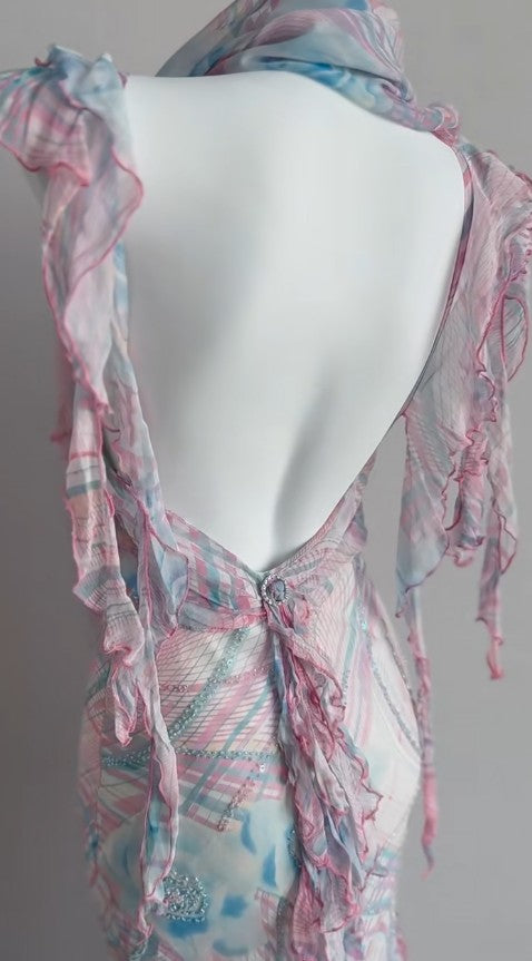 Vintage Multicolor Chiffon Spaghetti Straps Ruffled Sheath Backless Party Dresses ED02352