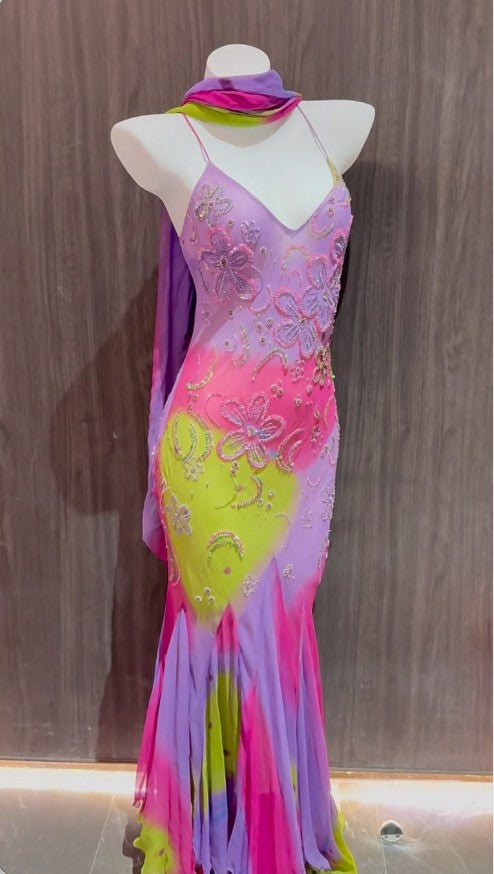 Vintage Purple Mermaid Spaghetti Straps Chiffon Beaded Prom Dresses Stunning Formal Evening Gowns ED02354