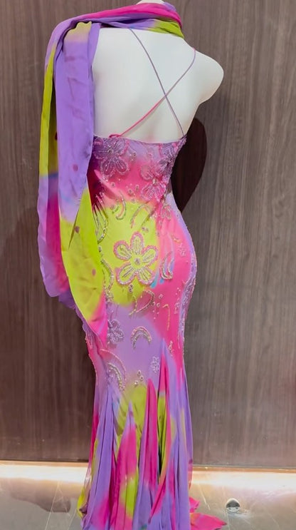 Vintage Purple Mermaid Spaghetti Straps Chiffon Beaded Prom Dresses Stunning Formal Evening Gowns ED02354