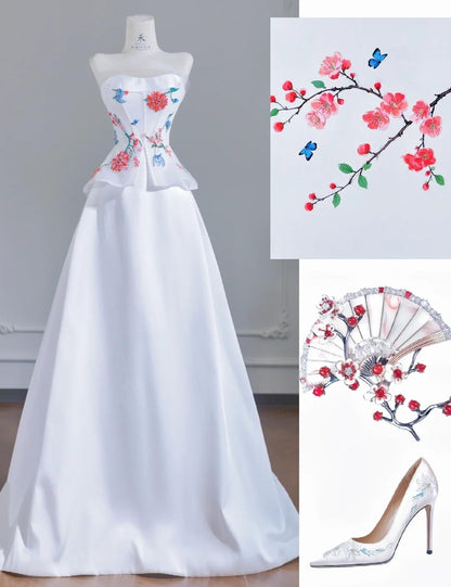 Simple White Strapless Satin Beaded A-line Wedding Dresses Formal Evening Gowns ED02355