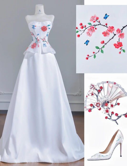 Robe de mariée trapèze simple, bustier, en satin blanc, avec perles, tenue de soirée formelle ED02355