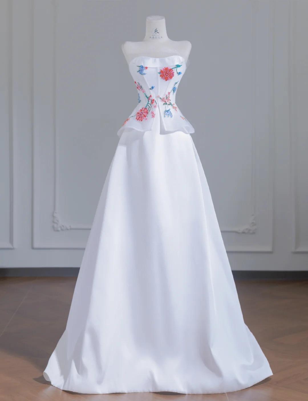 Simple White Strapless Satin Beaded A-line Wedding Dresses Formal Evening Gowns ED02355
