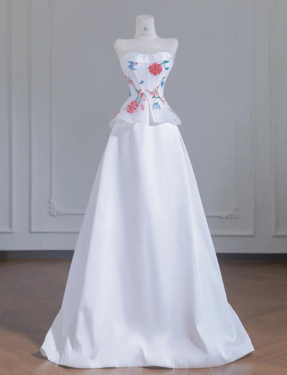 Simple White Strapless Satin Beaded A-line Wedding Dresses Formal Evening Gowns ED02355