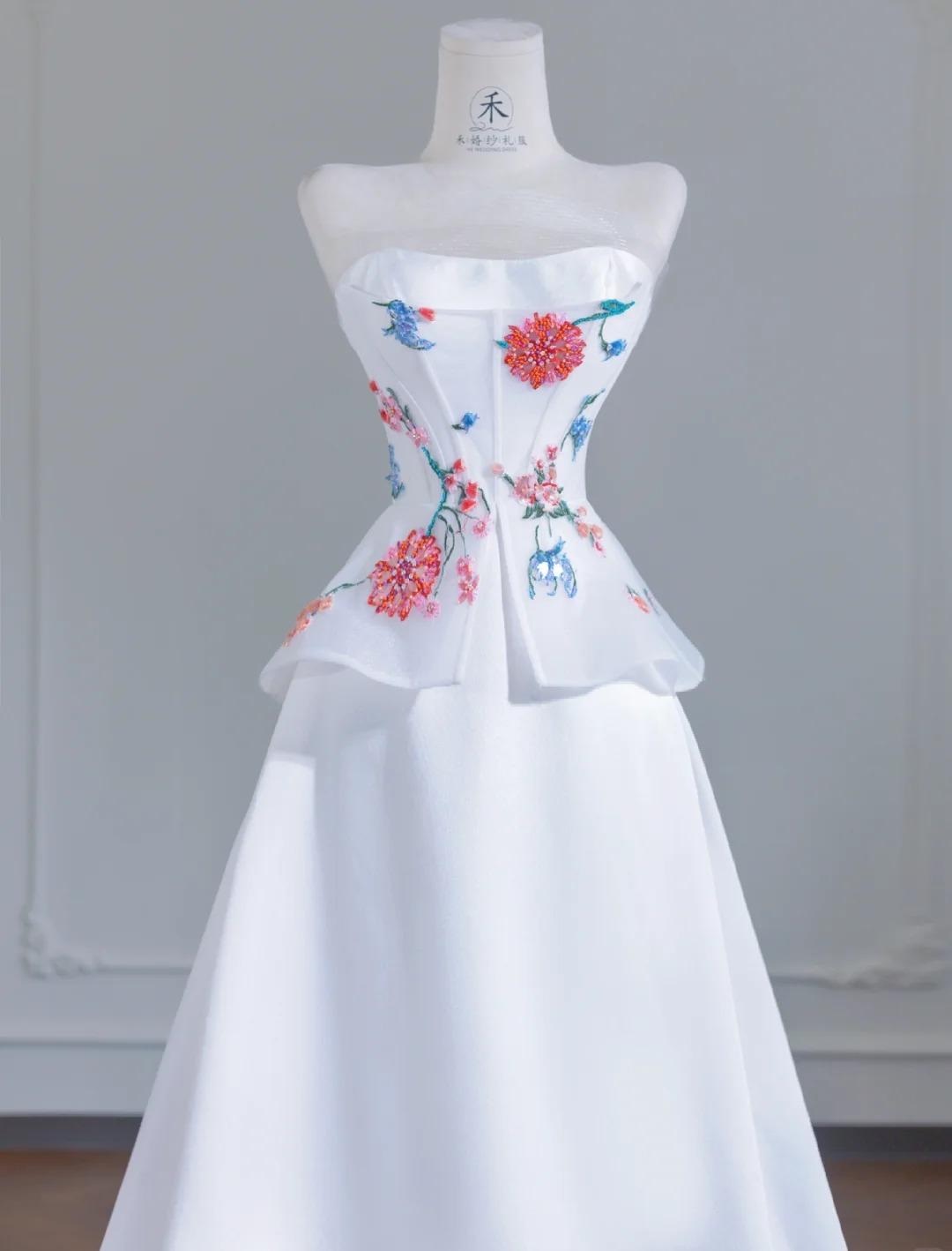 Simple White Strapless Satin Beaded A-line Wedding Dresses Formal Evening Gowns ED02355