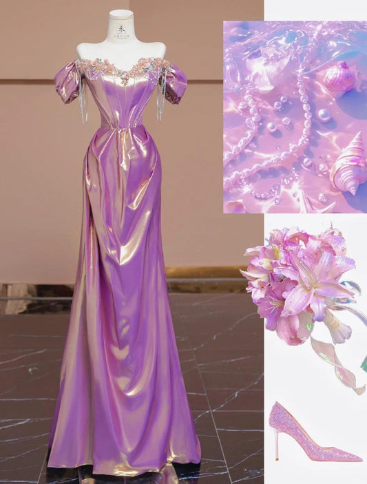 Superbe robe de bal trapèze violette à épaules dénudées et perles, élégante robe de soirée formelle ED02356
