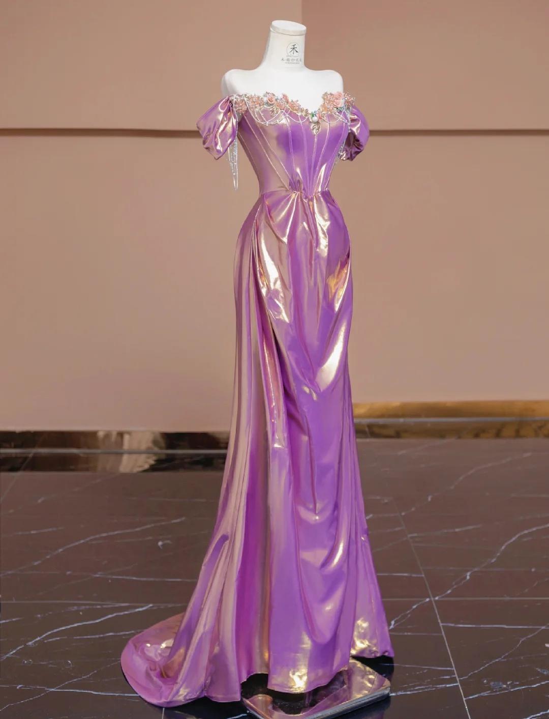 Wunderschönes lila schulterfreies Satin-Ballkleid mit Perlen in A-Linie und langem Ballkleid, stilvolle formelle Abendkleider ED02356