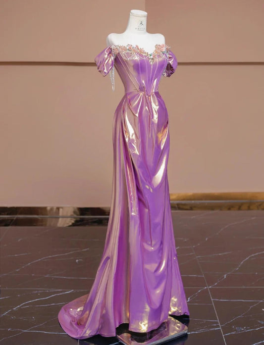 Superbe robe de bal trapèze violette à épaules dénudées et perles, élégante robe de soirée formelle ED02356