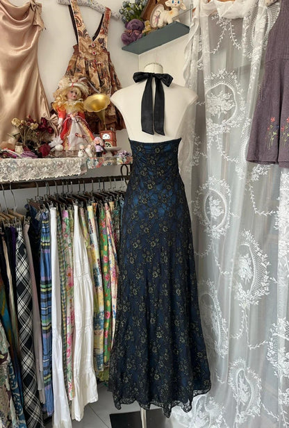 Robe de soirée élégante en satin bleu et dentelle noire, col en V, dos nu, coupe trapèze, style vintage, ED02362