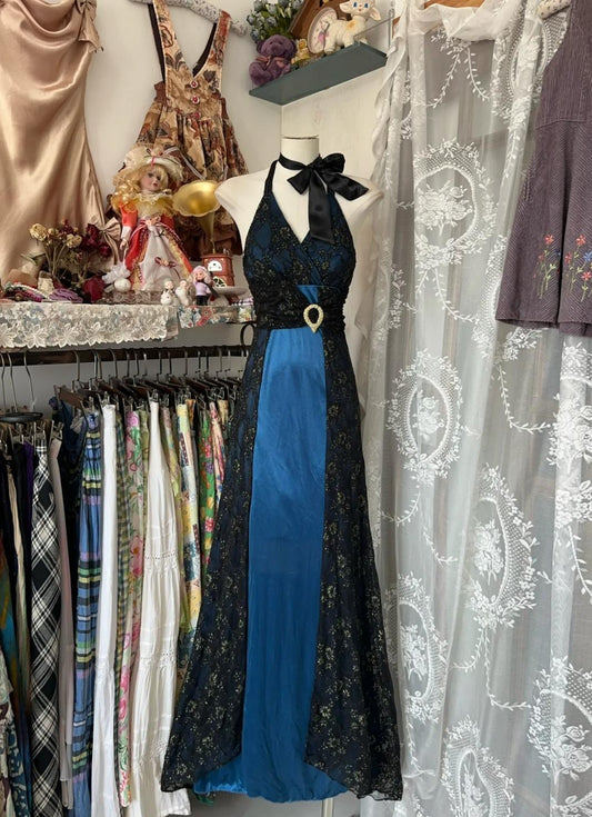 Elegantes blaues Satin-Schwarz-Spitzen-Applikationen, V-Ausschnitt, rückenfreies A-Linien-Partykleid, Vintage-Abendkleid, ED02362