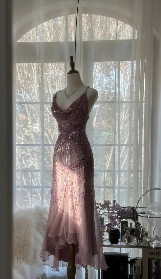Retro Dusty Pink Spaghettiträger Meerjungfrau Chiffon Perlenbesetzte Ballkleider Elegantes Partykleid ED02363