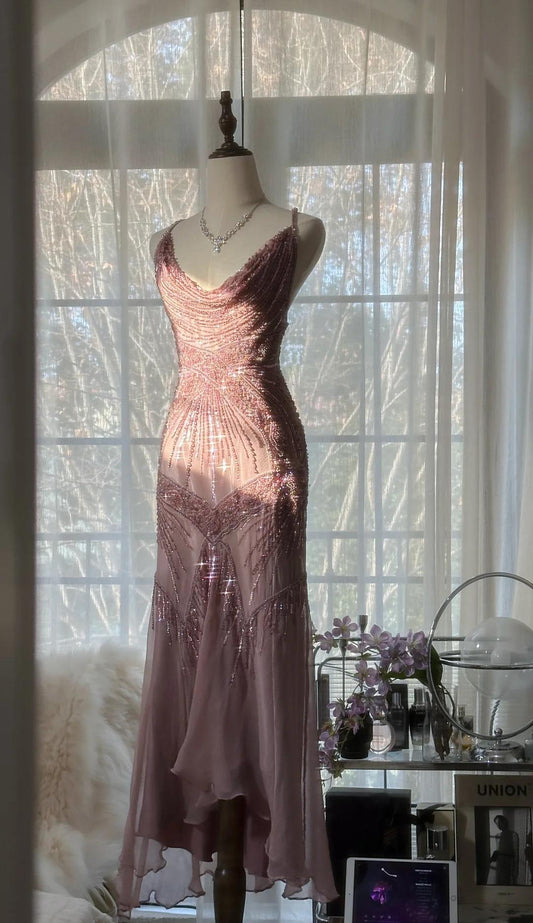 Retro Dusty Pink Spaghettiträger Meerjungfrau Chiffon Perlenbesetzte Ballkleider Elegantes Partykleid ED02363