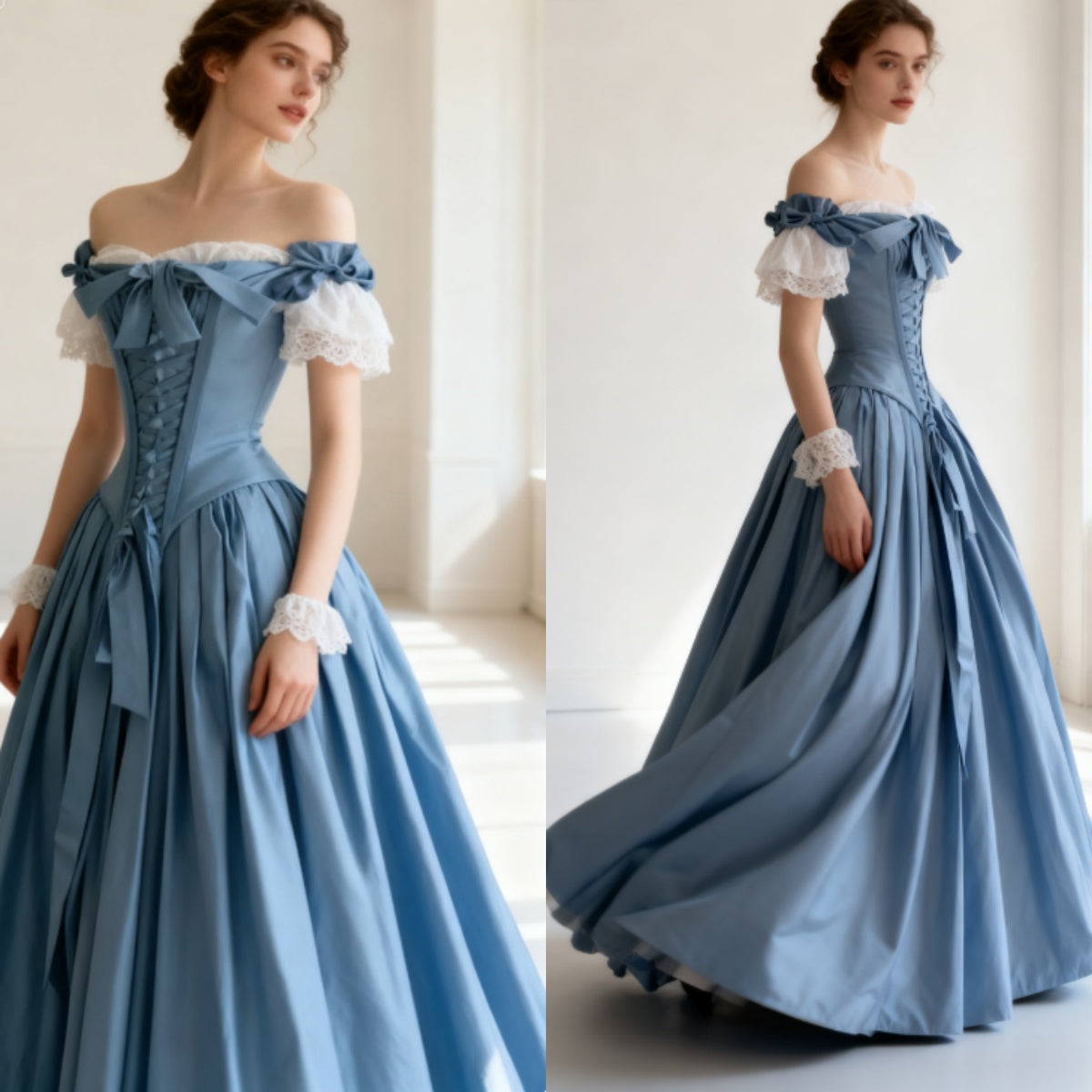 Vintage Blue Palace Style Satin A-Line Long Prom Dresses Formal Off-the-shoulder Evening Gowns  ED02365
