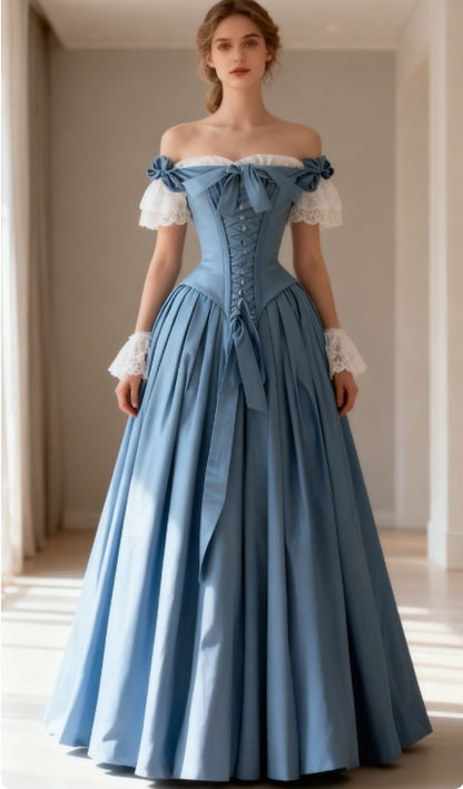 Vintage Blue Palace Style Satin A-Line Long Prom Dresses Formal Off-the-shoulder Evening Gowns  ED02365