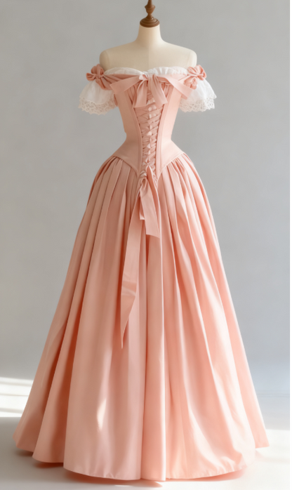 Vintage Blue Palace Style Satin A-Line Long Prom Dresses Formal Off-the-shoulder Evening Gowns  ED02365