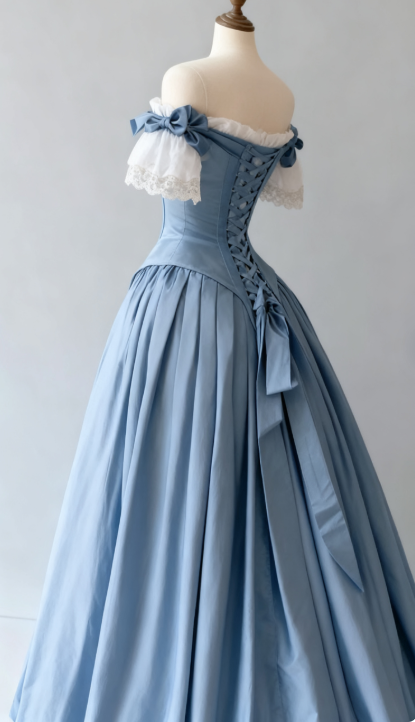 Vintage Blue Palace Style Satin A-Line Long Prom Dresses Formal Off-the-shoulder Evening Gowns  ED02365