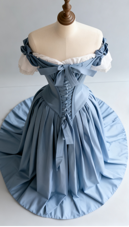 Vintage Blue Palace Style Satin A-Line Long Prom Dresses Formal Off-the-shoulder Evening Gowns  ED02365