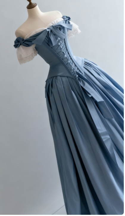 Vintage Blue Palace Style Satin A-Line Long Prom Dresses Formal Off-the-shoulder Evening Gowns  ED02365