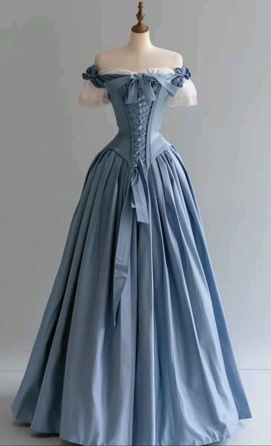 Vintage Blue Palace Style Satin A-Line Long Prom Dresses Formal Off-the-shoulder Evening Gowns
