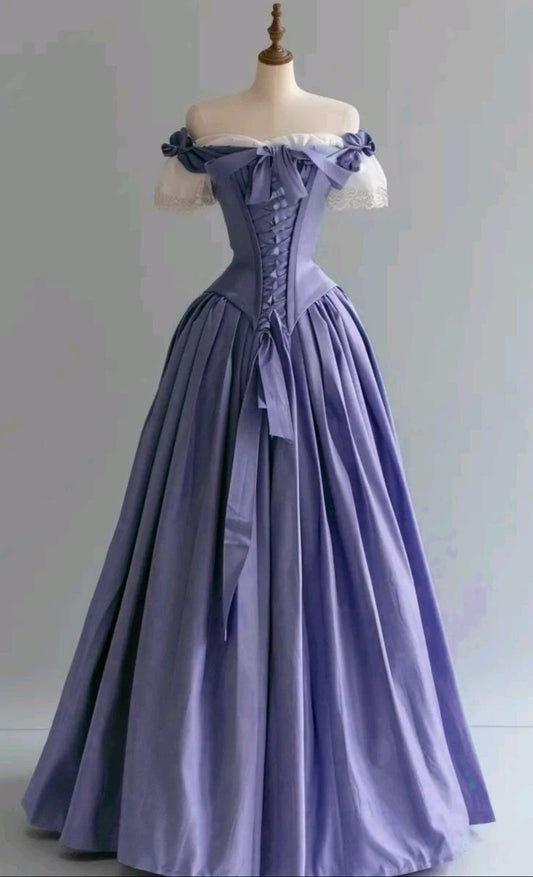 Vintage Blue Palace Style Satin A-Line Long Prom Dresses Formal Off-the-shoulder Evening Gowns
