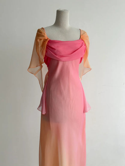 Pinkes Y2K Party-Outfit mit Farbverlauf, Chiffon-Partykleid mit eckigem Ausschnitt, atemberaubende kurze Abschlussballkleider ED02367