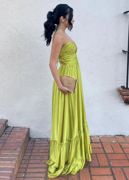 chartreuse dress formal Green Poised Performance Plisse One-Shoulder Maxi | Womens | Small (Available in XXS, XS, M, L, XL) | 100% Polyester knit satin shapes this stunning dress that has an off Goddess Aura Chartreuse Satin One-Shoulder