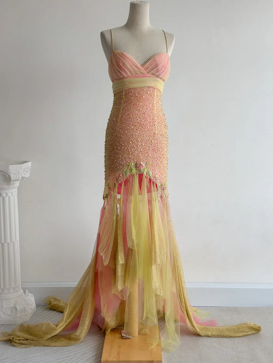 Gorgeous Pink Yellow Tulle Mermaid Spaghetti Straps Beaded Long Prom Dresses Vintage Formal Evening Gowns ED02371