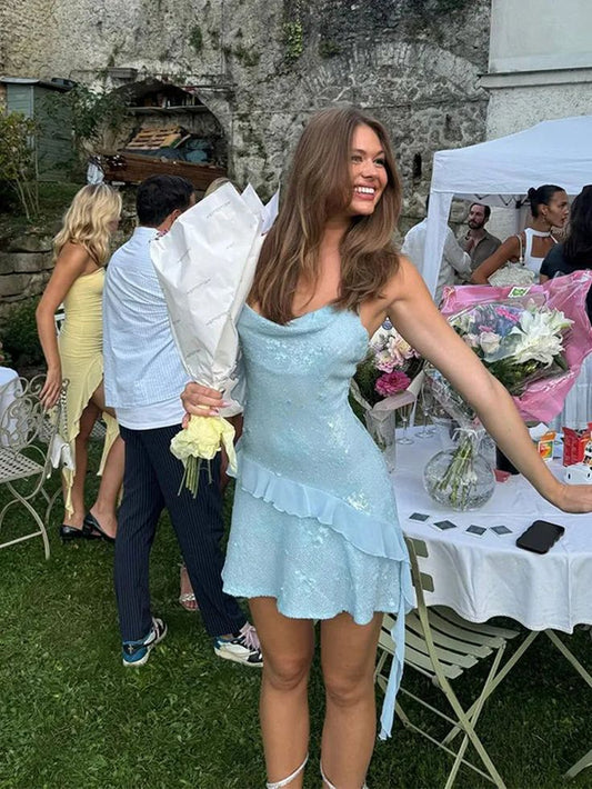 Fashion Blue Sheath Spaghetti Strap Short Outdoor Party Dress Summer Outfit