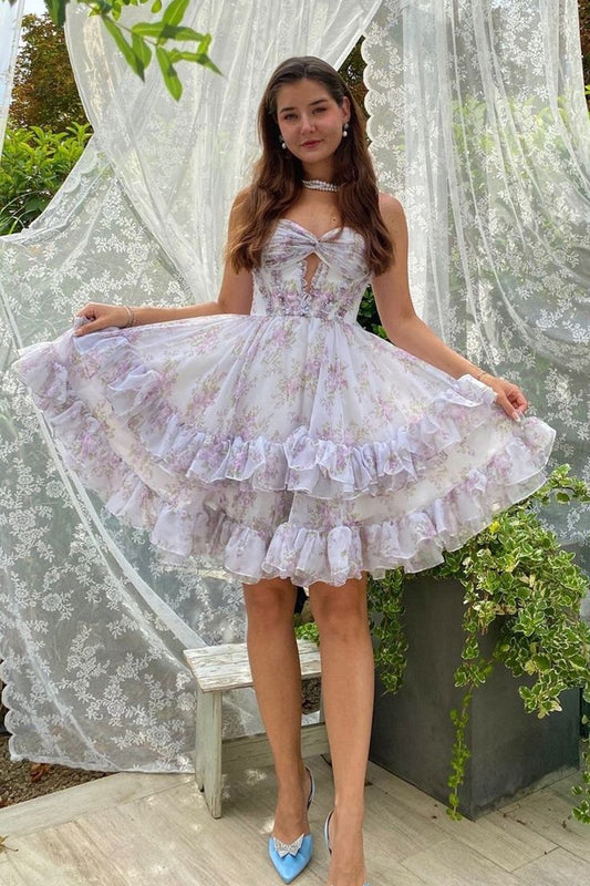 Robe de soirée courte en mousseline imprimée, coupe trapèze, bretelles spaghetti, ED02374