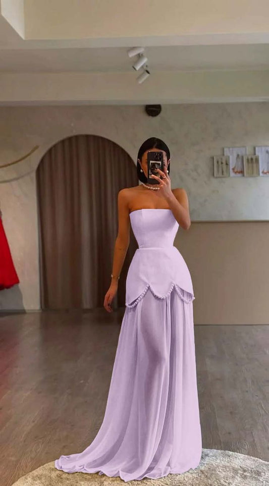 Robe de soirée longue en mousseline de soie, élégante, violette, sans bretelles, coupe trapèze, ED02377