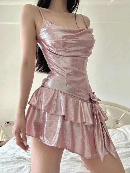 Robe de soirée courte en satin et mousseline rose poudré, coupe trapèze, bretelles spaghetti, robe de soirée ED02379