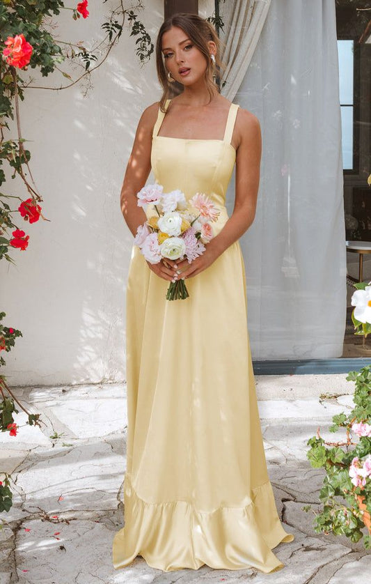 Robe de bal élégante jaune beurre, coupe trapèze, longue, bretelles, en satin, pour demoiselle d'honneur, ED02380