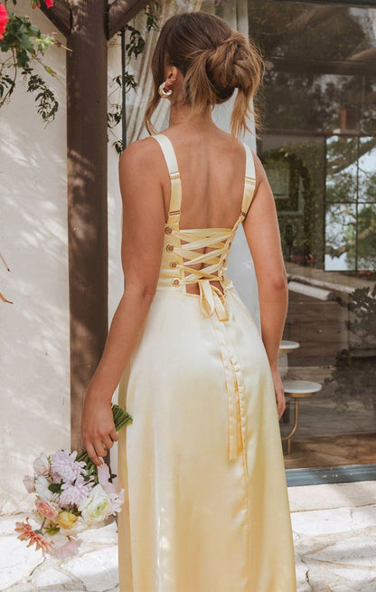Robe de bal élégante jaune beurre, coupe trapèze, longue, bretelles, en satin, pour demoiselle d'honneur, ED02380