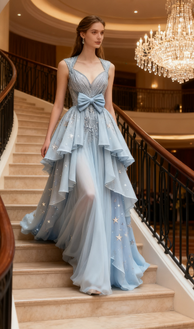 Beautiful Light Blue V-Neck Chiffon A-Line Sequins Long Prom Dresses Formal Evening Gowns ED02382