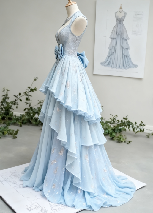 Beautiful Light Blue V-Neck Chiffon A-Line Sequins Long Prom Dresses Formal Evening Gowns ED02382