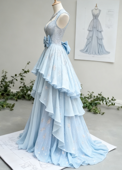 Beautiful Light Blue V-Neck Chiffon A-Line Sequins Long Prom Dresses Formal Evening Gowns ED02382